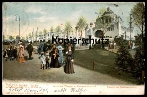 ALTE POSTKARTE DÜSSELDORF 1902 VEREINIGTE WAGGON U. EISENBAHNFABRIKEN PAVILLON DER STAATSEISENBAHN exhibition cpa AK