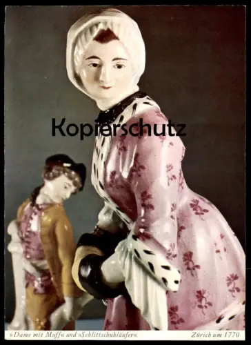 ÄLTERE POSTKARTE DAME MIT MUFF UND SCHLITTSCHUHLÄUFER ZÜRICH UM 1770 MEISSENER PORZELLAN Meissen porcelain saxe postcard