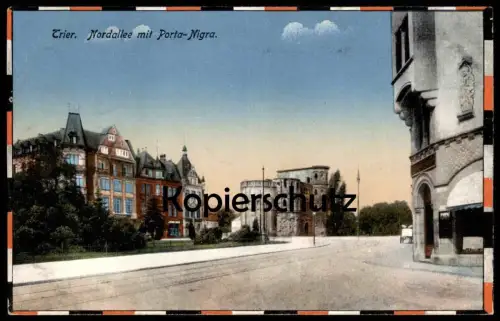 ALTE POSTKARTE TRIER NORDALLEE MIT PORTA-NIGRA PATRIOTISCHE UMRANDUNG PREUSSEN SCHWARZ ROT postcard Ansichtskarte cpa AK