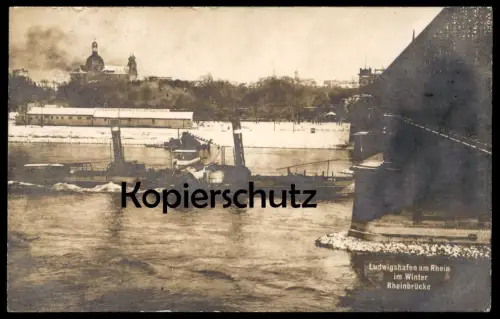 ALTE POSTKARTE LUDWIGSHAFEN AM RHEIN IM WINTER RHEINBRÜCKE Dampfer steam ship bateau à vapeur Ansichtskarte cpa postcard