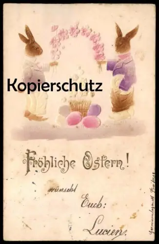 ALTE PRÄGE POSTKARTE FRÖHLICHE OSTERN HASEN VERMENSCHLICHT EI Hase rabbit bunny easter embossed gaufree AK cpa postcard