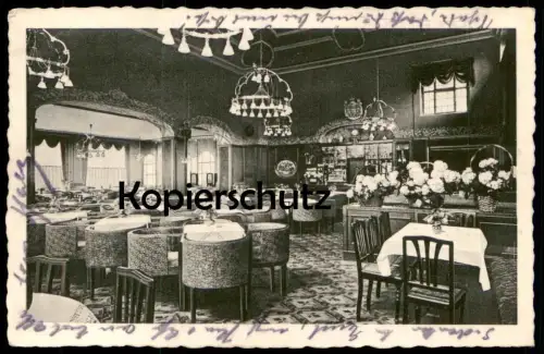 ALTE POSTKARTE HOTEL GERMANIA OSNABRÜCK WEINRESTAURANT KLEINKUNSTBÜHNE BLUMENBOUQUET PETERSILIE Ansichtskarte postcard