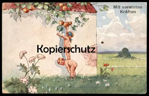 ALTE KÜNSTLER POSTKARTE KINDER PFLÜCKEN ÄPFEL BABYS MIT VEREINTEN KRÄFTEN bébé apple cpa AK Ansichtskarte postcard