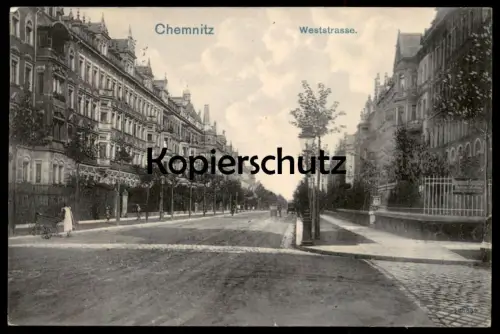 ALTE POSTKARTE CHEMNITZ WESTSTRASSE FRAU MIT KINDERWAGEN 1909 Sachsen AK Ansichtskarte postcard cpa