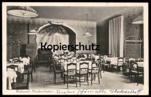 ALTE POSTKARTE FRANKFURT AN DER ODER RESTAURANT PARADIES-GARTEN MAX KEILING WEIN-SCHICKERT MUSCHEL shell coquille cpa