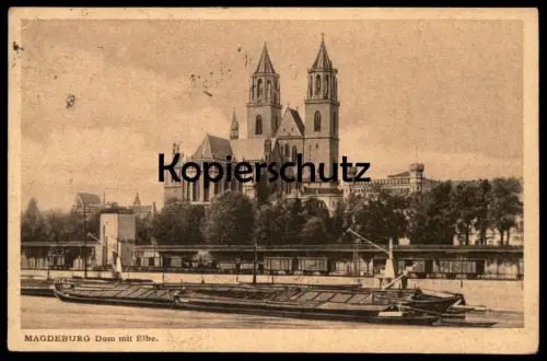 ALTE POSTKARTE MAGDEBURG DOM MIT ELBE FRACHTSCHIFF ZUG WAGGON WAGGONS 1922 train Ansichtskarte postcard cpa AK
