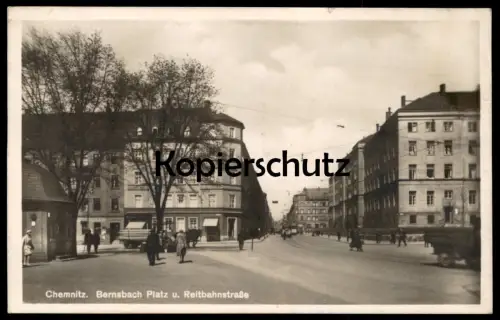 ALTE POSTKARTE CHEMNITZ BERNSBACH PLATZ U. REITBAHNSTRASSE 1943 PFERDEFUHRWERK Strassenbahn Ansichtskarte postcard cpa