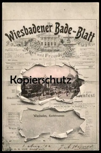 ALTE POSTKARTE WIESBADENER BADE-BLATT WIESBADEN KOCHBRUNNEN KUR- UND FREMDENLISTE newspaper cpa postcard Ansichtskarte