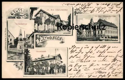 ALTE POSTKARTE GRUSS AUS FURTWANGEN GEWERBEHALLE KAISERDENKMAL SCHNITZEREISCHULE UHRMACHERSCHULE Bahnpost Donaueschingen
