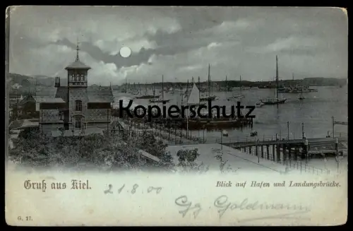 ALTE MONDSCHEIN POSTKARTE GRUSS AUS KIEL BLICK AUF HAFEN UND LANDUNGSBRÜCKE harbour port cpa Ansichtskarte postcard AK