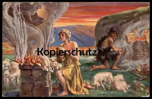 ALTE KÜNSTLER POSTKARTE KAIN UND ABEL SCHAFE FEUER FELD BRUDER BIBEL BIBLISCHE BILDER ALTES TESTAMENT AK cpa postcard
