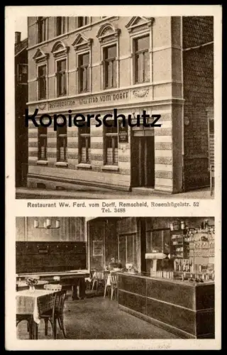 ALTE POSTKARTE REMSCHEID RESTAURANT WITWE FERD. VOM DORFF ROSENHÜGELSTR. 52 TEL. 3488 KIPPER BIER beer postcard cpa AK