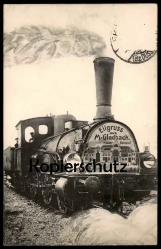 ALTE POSTKARTE EILGRUSS AUS MÖNCHENGLADBACH NEUER BAHNHOF M. GLADBACH steam engine Dampflok 1634 locomotive à vapeur cpa