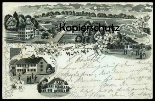 ALTE LITHO POSTKARTE GRUSS VOM TRUPPENÜBUNGSPLATZ MÜNSINGEN 1898 HOTEL FEZER TRUPPEN ÜBUNGSPLATZ Ansichtskarte postcard