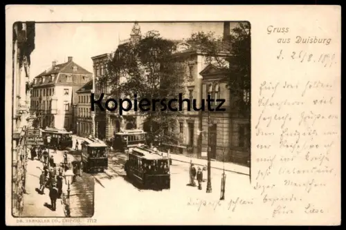 ALTE POSTKARTE GRUSS AUS DUISBURG 1899 STRASSENBAHN MÖBELFABRIK G. HÜBNER & SÖHNE tram tramway Ansichtskarte postcard