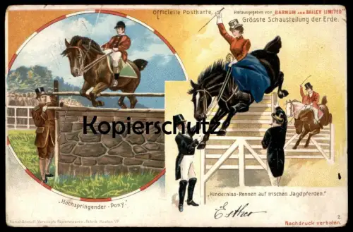 ALTE LITHO POSTKARTE BARNUM AND BAILEY ZIRKUS SCHAUSTELLUNG horse jumping pony cirque circus dresseur cpa Ansichtskarte