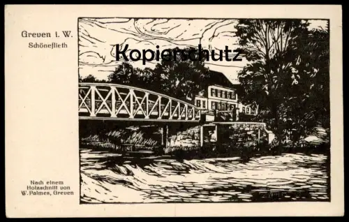 ALTE POSTKARTE GREVEN IN WESTFALEN SCHÖNEFLIETH HOLZSCHNITT W. PALMES LINOL Ansichtskarte cpa AK postcard