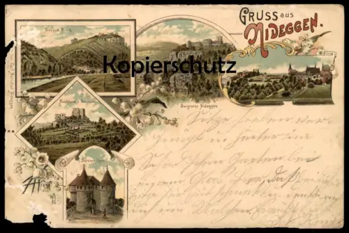 ALTE LITHO POSTKARTE GRUSS AUS NIDEGGEN HAUPTTHURM DER BURGRUINE NIDEGGER BRÜCK DÜRENER THOR cpa Ansichtskarte postcard