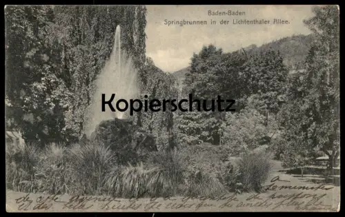 ALTE POSTKARTE BADEN-BADEN 1908 SPRINGBRUNNEN IN DER LICHTENTHALER ALLEE fountain fontaine cpa AK Ansichtskarte postcard