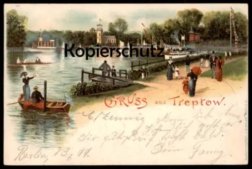 ALTE LITHO POSTKARTE GRUSS AUS TREPTOW BERLIN PAAR IM BOOT 1899 cpa postcard AK Ansichtskarte