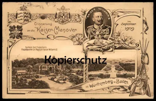 ALTE POSTKARTE ERINNERUNG AN DIE KAISER-MANÖVER IM SEPTEMBER 1909 KAISER WILHELM II KARLSRUHE BAD MERGENTHEIM cpa AK
