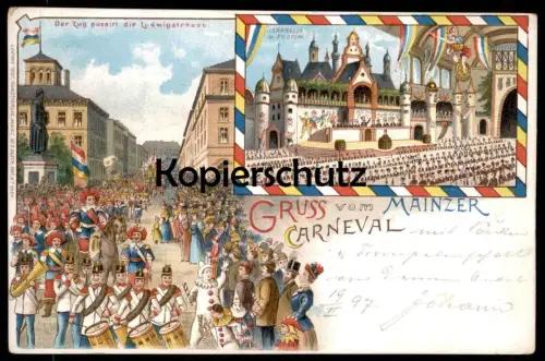 ALTE LITHO POSTKARTE GRUSS VOM MAINZER CARNEVAL 1897 ZUG KARNEVAL MAINZ carnival carnaval cpa AK Ansichtskarte postcard