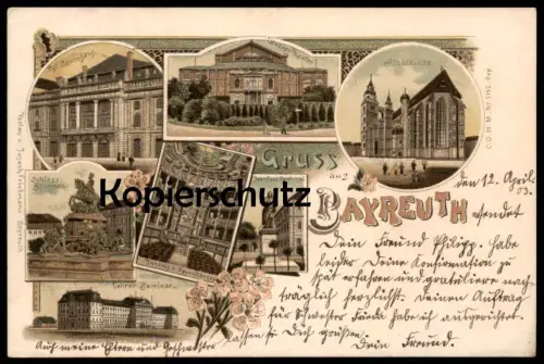 ALTE LITHO POSTKARTE GRUSS AUS BAYREUTH LEHRER-SEMINAR INNERES DES OPERNHAUSES JEAN PAUL DENKMAL postcard Ansichtskarte