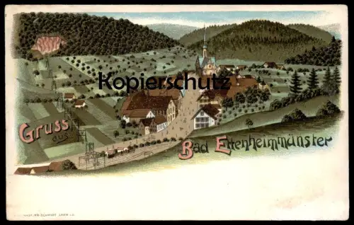 ALTE LITHO POSTKARTE GRUSS AUS BAD ETTENHEIMMÜNSTER ETTENHEIM Bahn Zug Train cpa AK postcard Ansichtskarte