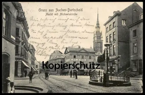 ALTE POSTKARTE GRUSS AUS AACHEN-BURTSCHEID MARKT MIT MICHAELSKIRCHE MAGGI HOTEL BADEHAUS STRASSENBAHN cpa Ansichtskarte