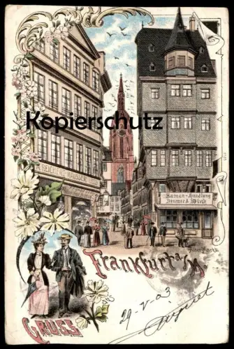 ALTE LITHO POSTKARTE GRUSS AUS FRANKFURT AM MAIN ALTER MARKT SAMEN-HANDLUNG BEUMER & WIRTH A. REICHERT-HAUSSER HUT BAZAR