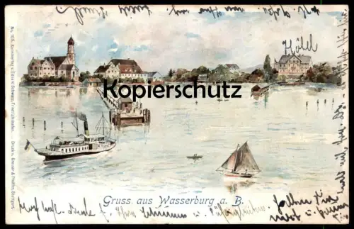 ALTE LITHO POSTKARTE GRUSS AUS WASSERBURG AM BODENSEE 1901 STEMPEL HOTEL SPRINGER Schiff postcard Ansichtskarte cpa AK