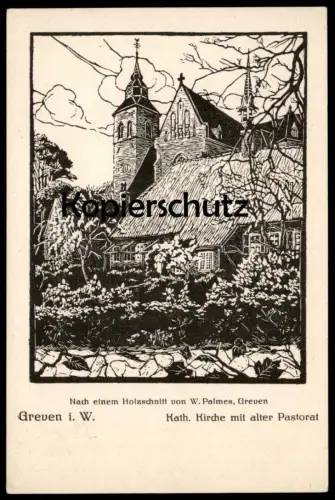 ALTE POSTKARTE GREVEN KATHOLISCHE KIRCHE MIT ALTER PASTORAT HOLZSCHNITT W. PALMES LINOL Ansichtskarte cpa AK postcard