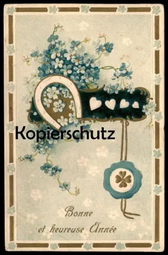 ALTE PRÄGE POSTKARTE BONNE ET HEUREUSE ANNÉE Neujahr embossed cpa gauffrée Herz heart postcard AK Ansichtskarte