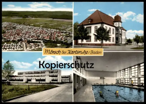 ÄLTERE POSTKARTE MÖRSCH BEI KARLSRUHE BADEN Rathaus Schwimmbad swimming pool piscine Schule postcard Ansichtskarte cpa