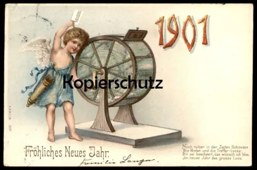 ALTE PRÄGE POSTKARTE NEUJAHR 1901 LOSTROMMEL LOTTERIE ENGEL AMOR GLITZERNDE PERLEN Glücksspiel Los Lose Ansichtskarte AK