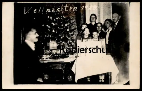 ALTE FOTO POSTKARTE WEIHNACHTEN 1929 CHRISTBAUM MODELLEISENBAHN ZUG MÄRKLIN ? train Blechspielzeug photo postcard AK cpa