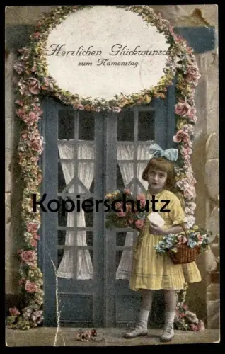 ALTE POSTKARTE HERZLICHEN GLÜCKWUNSCH ZUM NAMENSTAG MÄDCHEN BLUMEN KIND TÜR girl child enfant cpa postcard Ansichtskarte