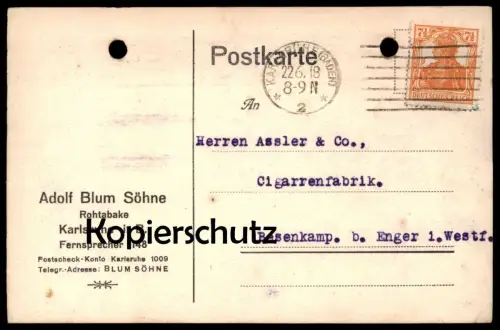 ALTE FIRMEN POSTKARTE KARLSRUHE FIRMA ADOLF BLUM ROHTABAKE NACH ASSLER BESENKAMP ENGER Tabak tobacco tabac cpa postcard