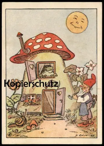 ALTE KÜNSTLER POSTKARTE ZWERG & FROSCH PILZ H. ZEISE 1945 vermenschlicht dwarf nain midget frog grenouille cpa postcard