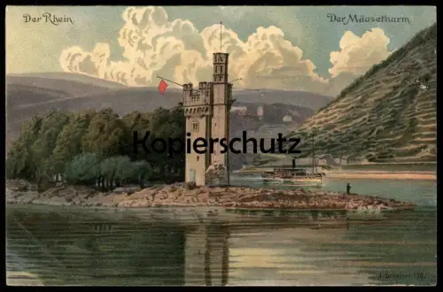 ALTE LITHO POSTKARTE DER RHEIN DER MÄUSETHURM BINGEN KÜNSTLER J. SCHEINER 1902 Dampfer Mäuseturm postcard Ansichtskarte