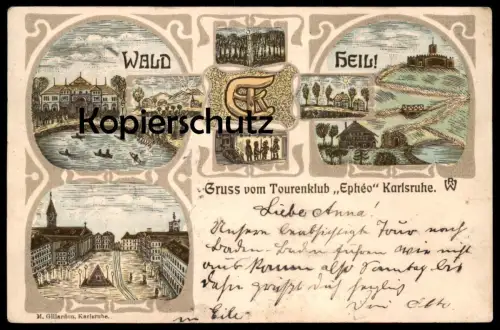 ALTE LITHO POSTKARTE GRUSS VOM TOURENKLUB EPHÉO KARLSRUHE WALD HEIL VERLAG M. GILLARDON cpa AK postcard Ansichtskarte