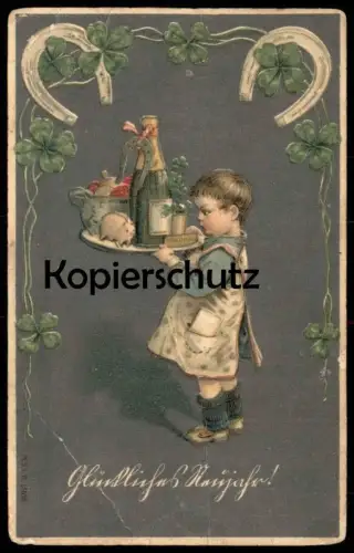 ALTE PRÄGE POSTKARTE GLÜCKLICHES NEUJAHR KIND ALS KELLNER GARCON ENFANT WAITER CHILD cpa postcard AK Ansichtskarte
