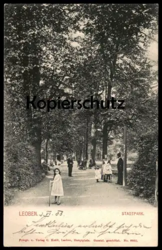 ALTE POSTKARTE LEOBEN STADTPARK 1903 MÄDCHEN SONNTAGSKLEID Kinderwagen Kind cpa Ansichtskarte postcard AK