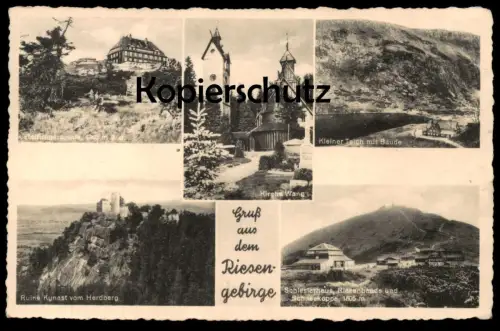 ALTE POSTKARTE GRUSS AUS DEM RIESENGEBIRGE SCHLESIERHAUS KIRCHE WANG KYNAST VOM HERDBERG REIFTRÄGERBAUDE postcard cpa