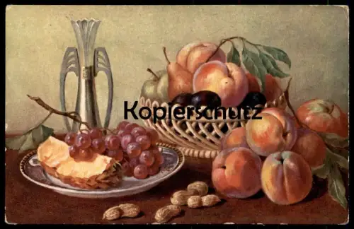 ALTE KÜNSTLER POSTKARTE STILLLEBEN ANANAS PFIRSICH TRAUBEN ERDNÜSSE peanuts cacahouète cpa AK Stilleben postcard