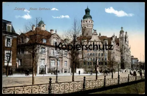 ALTE POSTKARTE LEIPZIG STRASSENPARTIE NEUES RATHAUS 1915 KUNSTVOLLER ZAUN SCHMIEDEKUNST cpa Ansichtskarte postcard AK