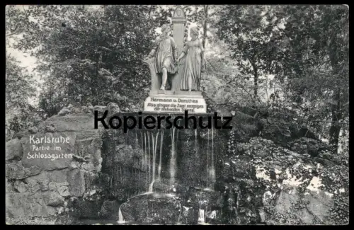 ALTE POSTKARTE KARLSRUHE PARTIE IM SCHLOSSGARTEN HERMANN UND DOROTHEA DENKMAL Goethe Ansichtskarte cpa AK postcard