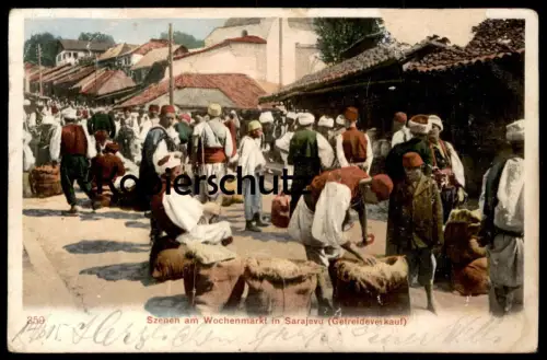 ALTE POSTKARTE SZENEN AM WOCHENMARKT IN SARAJEVO GETREIDEVERKAUF Bosnien-Herzegowina Bosnia-Herzegovina market marché AK