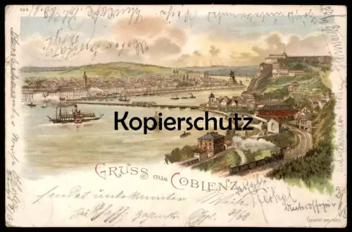 ALTE LITHO POSTKARTE GRUSS AUS COBLENZ 1899 ESTE FESTUNG Koblenz Eisenbahn Dampflok train cpa AK Ansichtskarte postcard