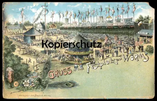 ALTE LITHO POSTKARTE GRUSS VOM FESTPLATZ ZU WORMS KARUSSELL CAFÉ KNECHT Kermis Kirmes Carousel ducasse fun fair postcard